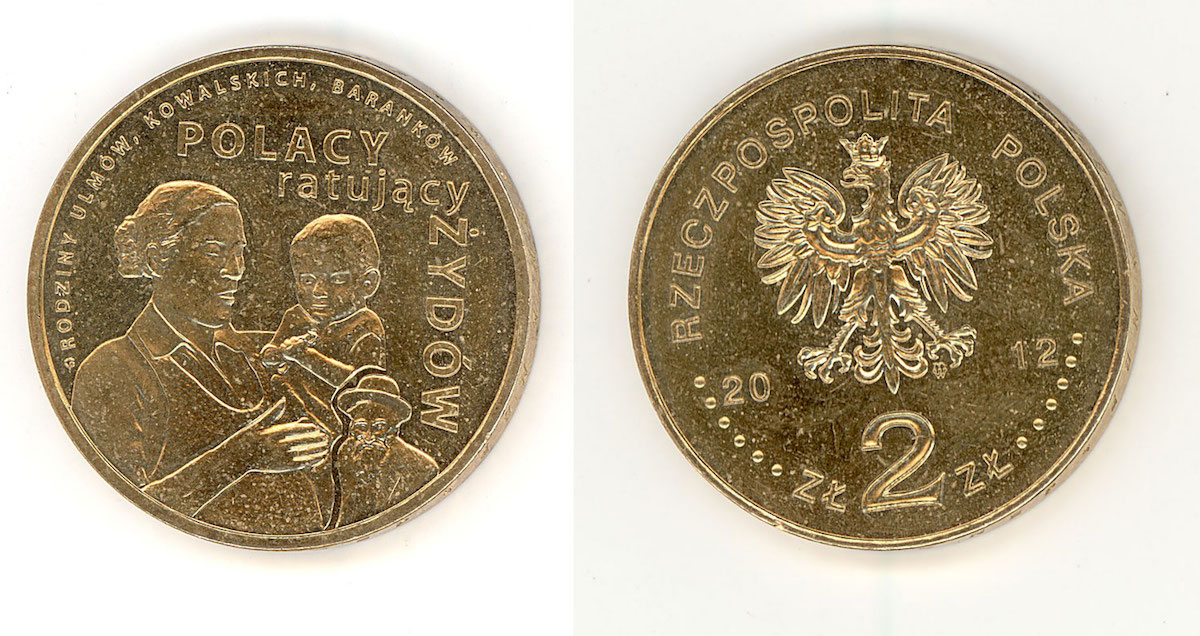 Coin from the National Bank of Poland series „Poles rescuing Jews”. The Ulm, Kowalski and Baranek families are the best known examples of Poles murdered by the Germans for rescuing Jews during World War II. At least a few hundred Poles died for taking the risk of helping Jews on actual pain of death. 1. Józef and Wiktoria Ulm of Markowa (Podkarpacie - southern Poland) murdered on March 24, 1944 together with their children, the eldest Stasia (8 years old), Basia, Władzio, Franuś, Antosia and Marysia and the hiding Jews: six memebrs of the Szall (Szali) family of Łańcut and two daughters of Chaim Goldman. When she died, Józefa Ulm was nine months' pregnant with their seventh child. 2. Wincenty and Łucja Baranek of Siedliska near Miechów murdered on March 15, 1943 together with their children: the eldest Henryk (aged 12), Tadeusz and Wincenty's mother , Katarzyna Kopeć, and the Jewish family of four, the Koplewicz's, whom they were hiding. 3. The family of Adam and Bronisława Kowalski of Ciepielów near Lipsko, and the families of Piotr Obuchiewicz, Franciszeka Kosior and the Skoczylas' (34 people). Murdered by the Germans on December 6, 1942 for rescuing Jews – their friends and neighbors.