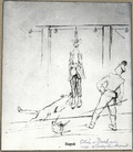Dachau — suspension by the arms, one of the most cruel punishments used in Dachau. /KL Dachau prisoner Father Władysław Sarnik’s drawing from the camp 1940−1945 (Maria Sarnik’s private collection)